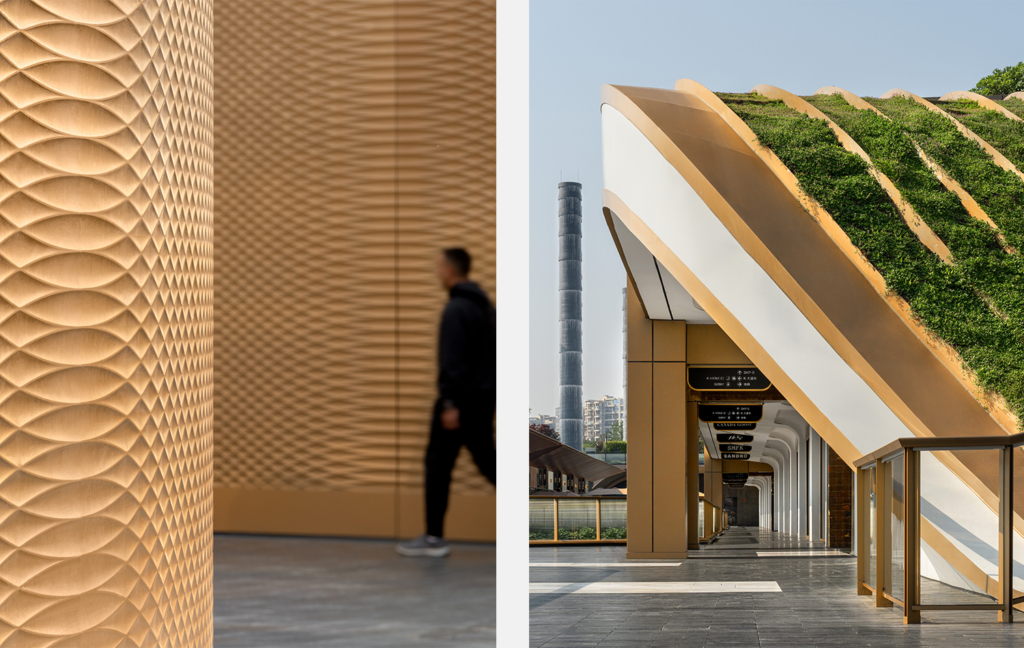 SKP Chengdu’s brand language is expressed through contrasting scales of detail, from carved tactile wall textures to the planted SKP Curve roof form that shapes the retail park’s landscape-integrated architecture.