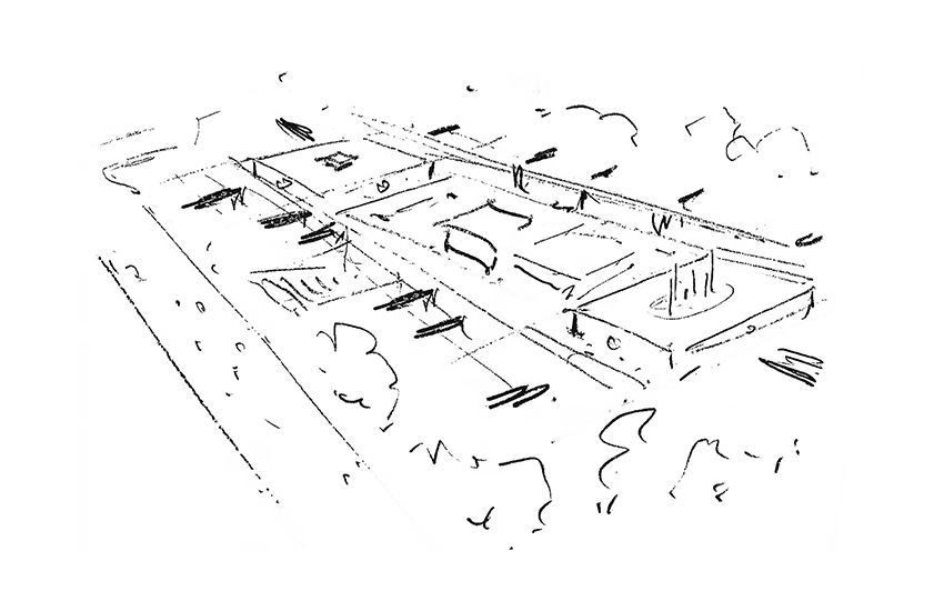 Sybarite concept sketch for SKP Chengdu, showing an early masterplanning study with circulation routes, landscape edges and sunken architectural forms.