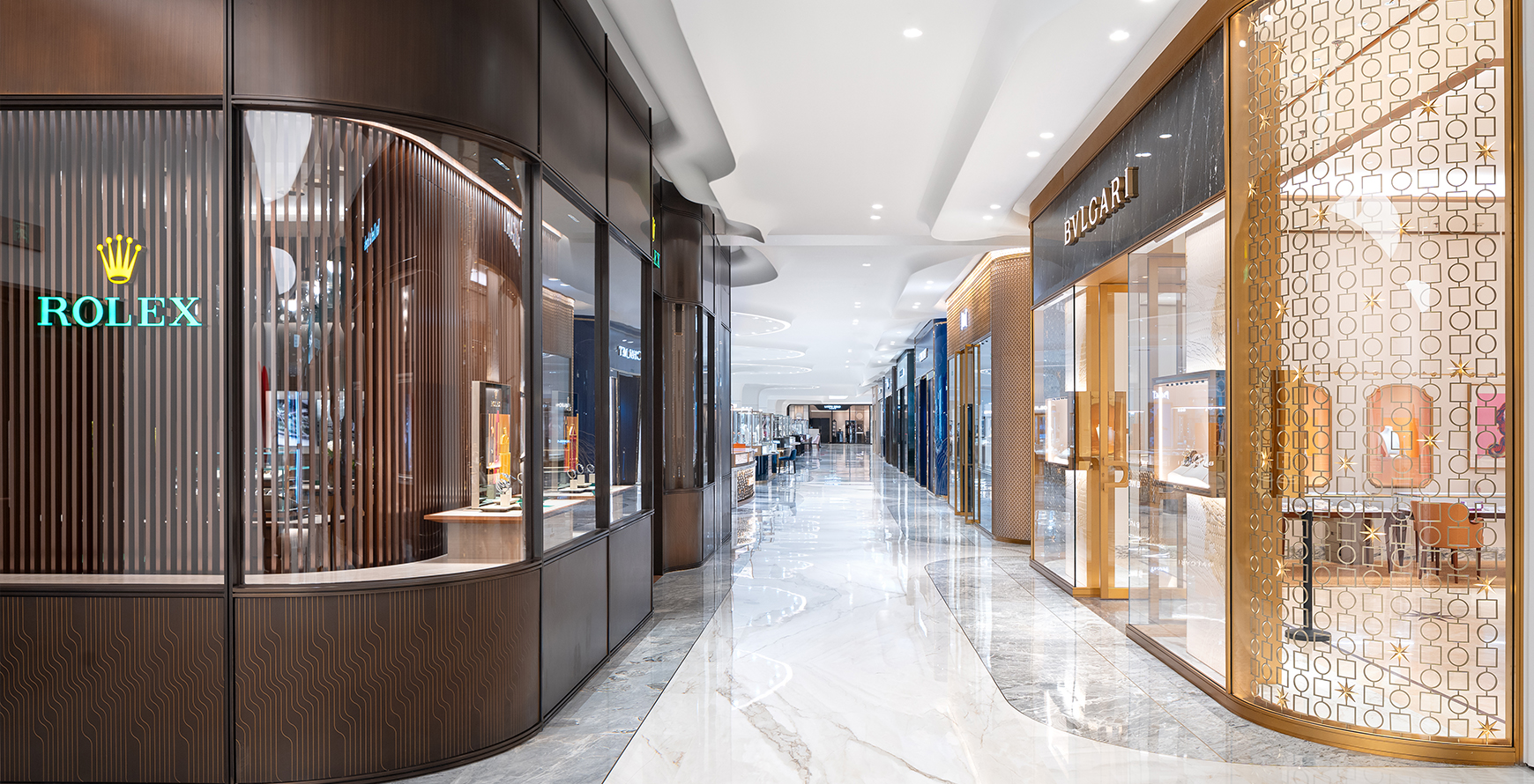 SKP Chengdu watches hall interior with Rolex and Bulgari storefronts.