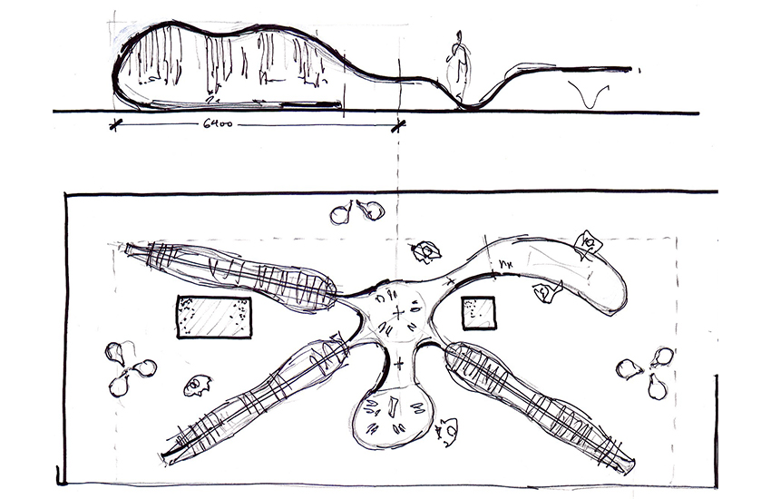 Sybarite concept sketch for Marni, showing a flowing rail detail in plan and elevation.