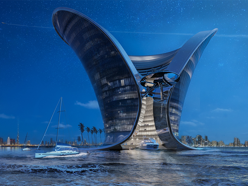 Apeiron Resort is imagined as a futuristic waterfront resort, where twin sail-like towers, marina access and luminous glass façades create a dramatic hospitality destination between city, sea and sky.