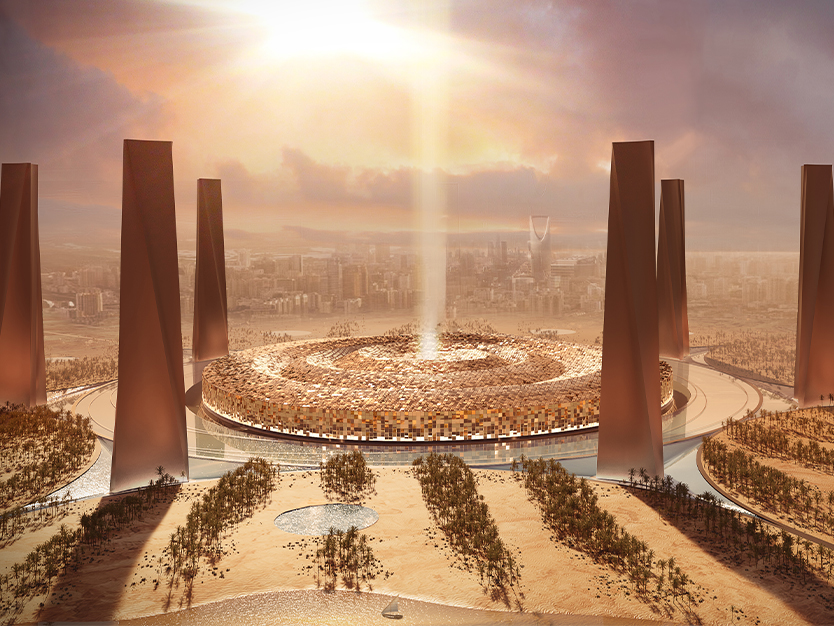 Cosmic is envisioned as a monumental desert destination, where a circular architectural form, towering sculptural markers and dramatic light create a ritual sense of arrival at the edge of the city.