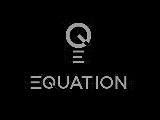 The Equation identity system uses layered construction lines, geometric letterforms and a monochrome palette to create a precise graphic language for a brand-led design concept.